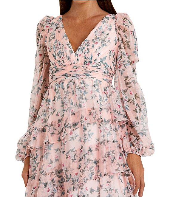 Mac Duggal Floral Print V-Neck Long Sleeve Side Slit Tiered Ruffled Midi Dress Product Image
