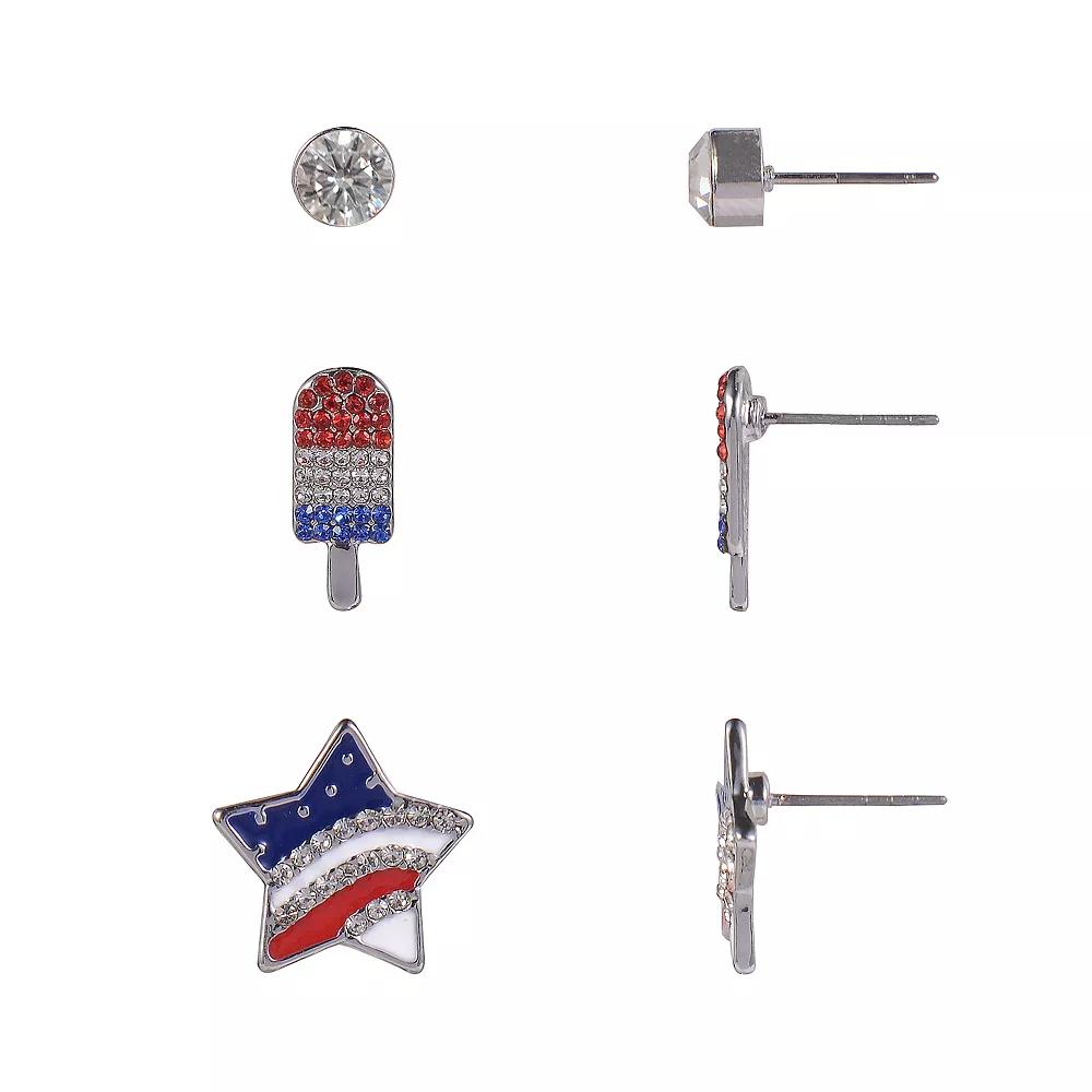 Celebrate Together™ Silver Tone Red, White and Blue Popsicle, Star, and Stud Trio Earrings Set, Women's, Multi Product Image