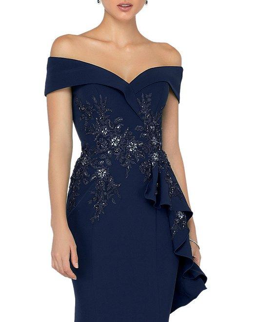 Terani Couture Off-the-Shoulder Short Sleeve Peplum Beaded Applique Mermaid Gown Product Image