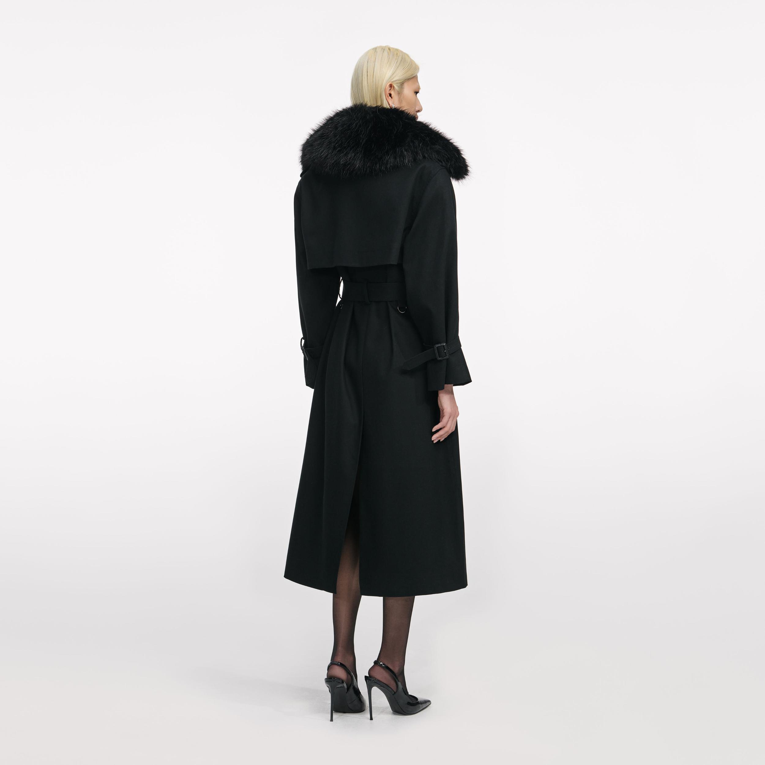 Black Twill Fur Collar Trench Coat Product Image