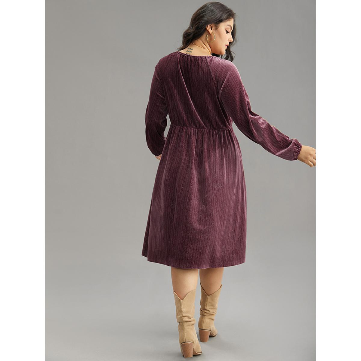 Plus Size Plain Velvet Gathered Elastic Waist Dress DustyPink Women Vacation Elastic cuffs V-neck Long Sleeve Curvy Midi Dress BloomChic 12/L Product Image