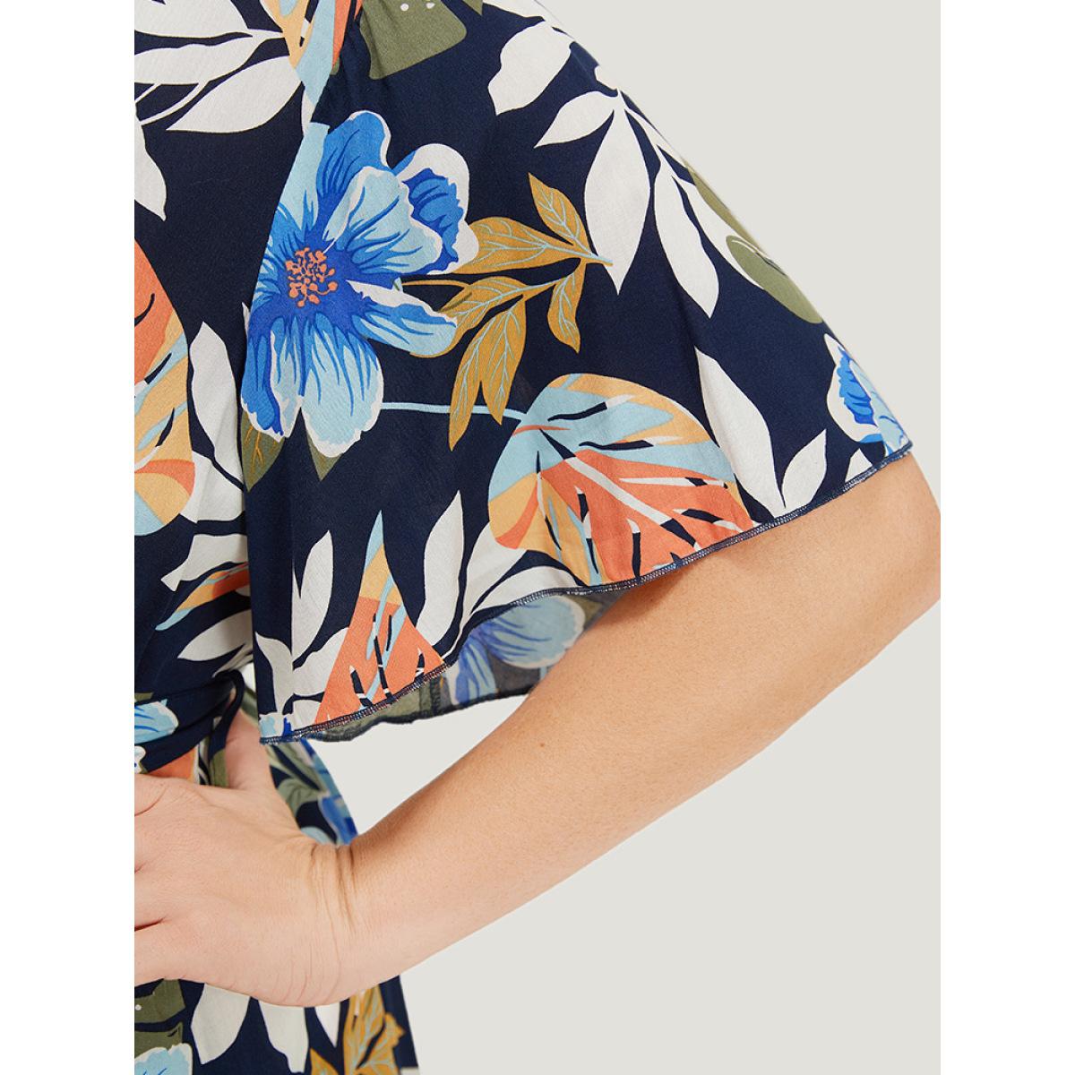 Plus Size Floral High Low Hem Pocket Ruffles Wrap Dress Indigo Women Elegant Wrap V-neck Short sleeve Curvy Midi Dress BloomChic 22-24/3X Product Image