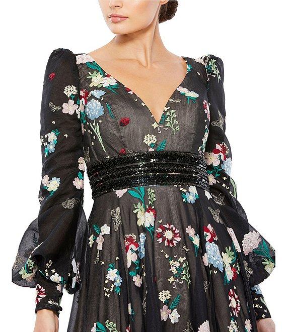 Mac Duggal V-Neck Bishop Sleeve Beaded Waist Floral Embroidered Gown Product Image