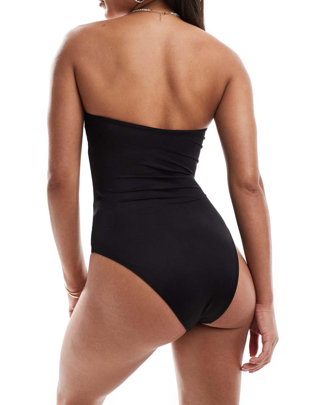 Monki bandeau swimsuit in black Product Image