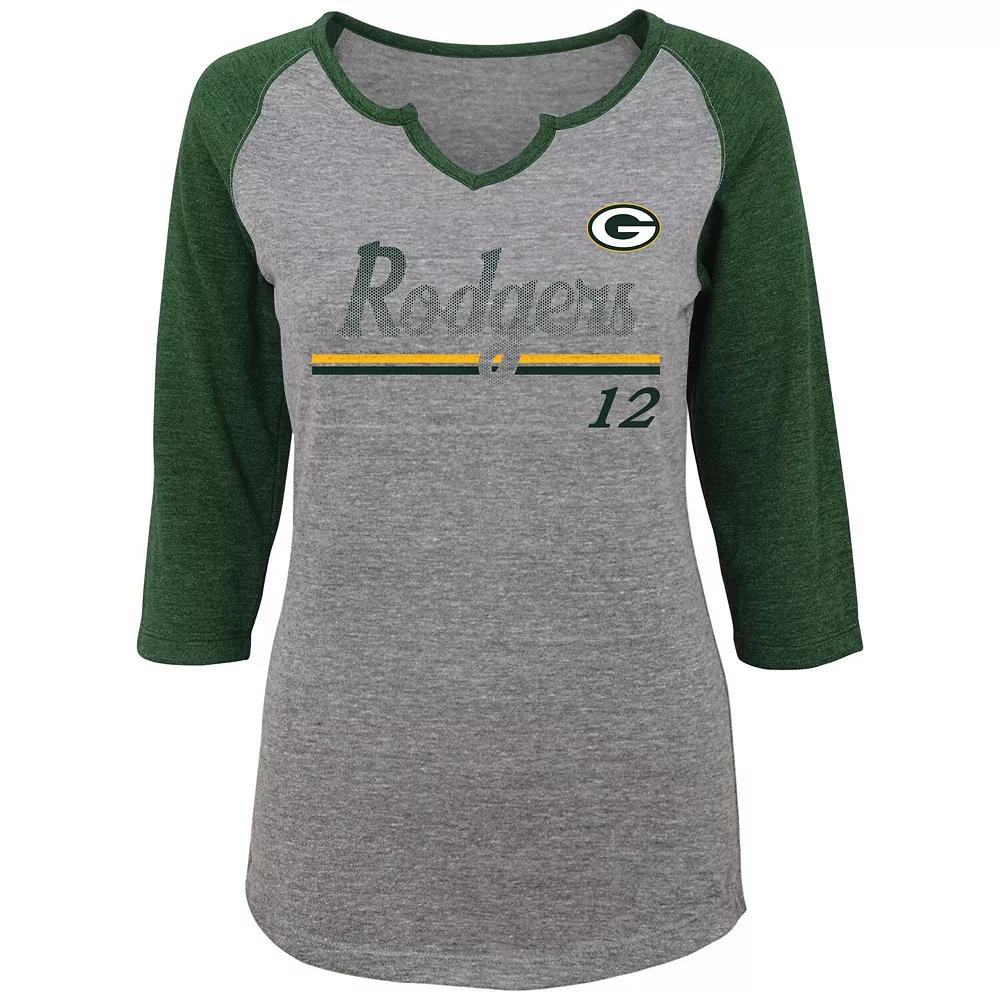 Women's Juniors Aaron Rodgers Heathered Gray/Green Green Bay Packers Over the Line Player Name & Number Tri-Blend 3/4-Sleeve V-Notch T-Shirt, Size: JR Small, Grey Product Image