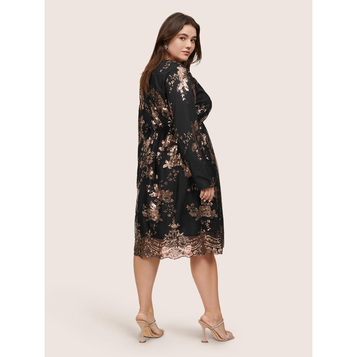 Plus Size Floral Sequin Elastic Waist Mesh Wrap Dress Black Women Party&Cocktail Sequin Overlap Collar Long Sleeve Curvy Midi Dress BloomChic 14-16/1X Product Image