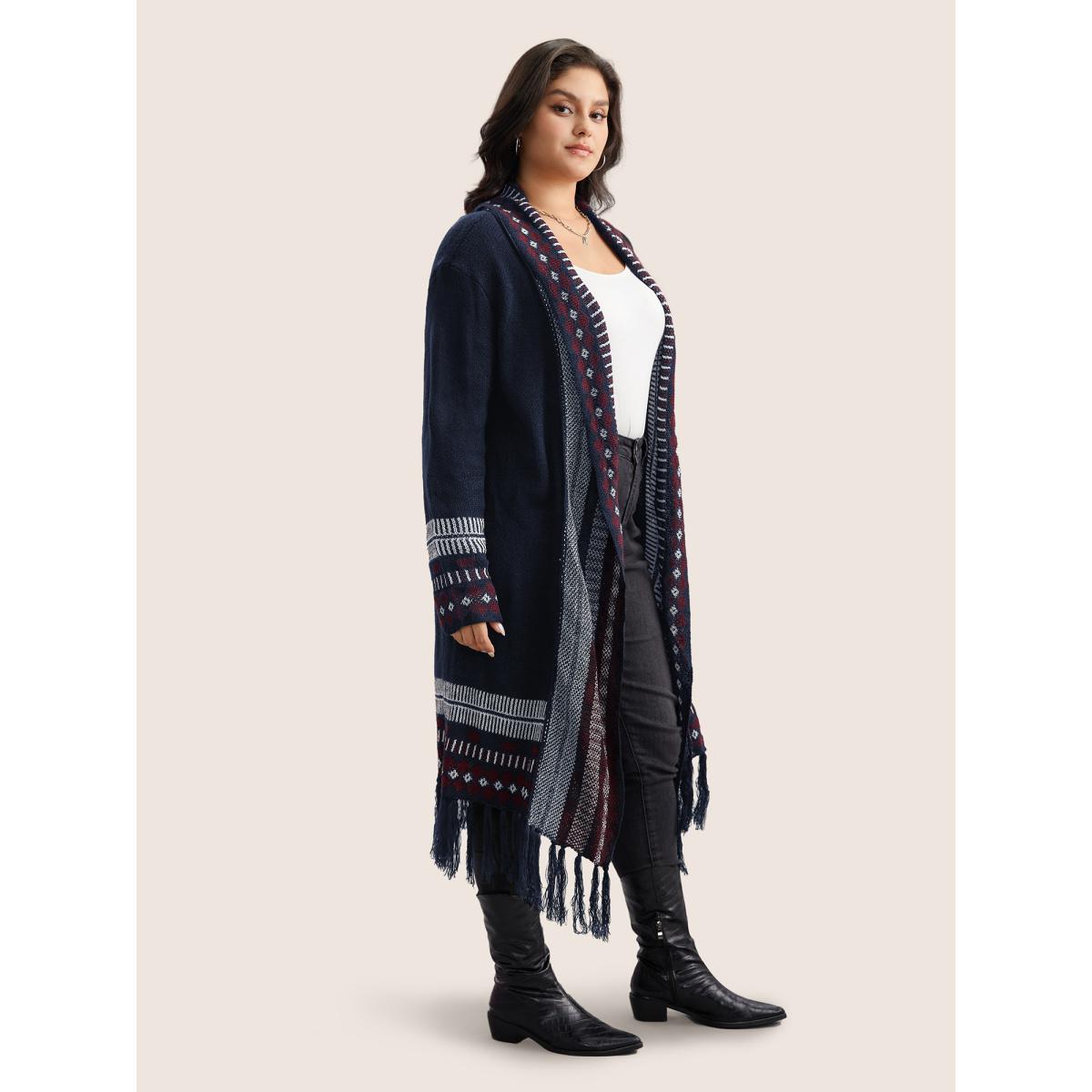Plus Size Bandana Print Fringe Trim Maxi Cardigan Burgundy Women Casual Long Sleeve Everyday Cardigans BloomChic 10/M Product Image