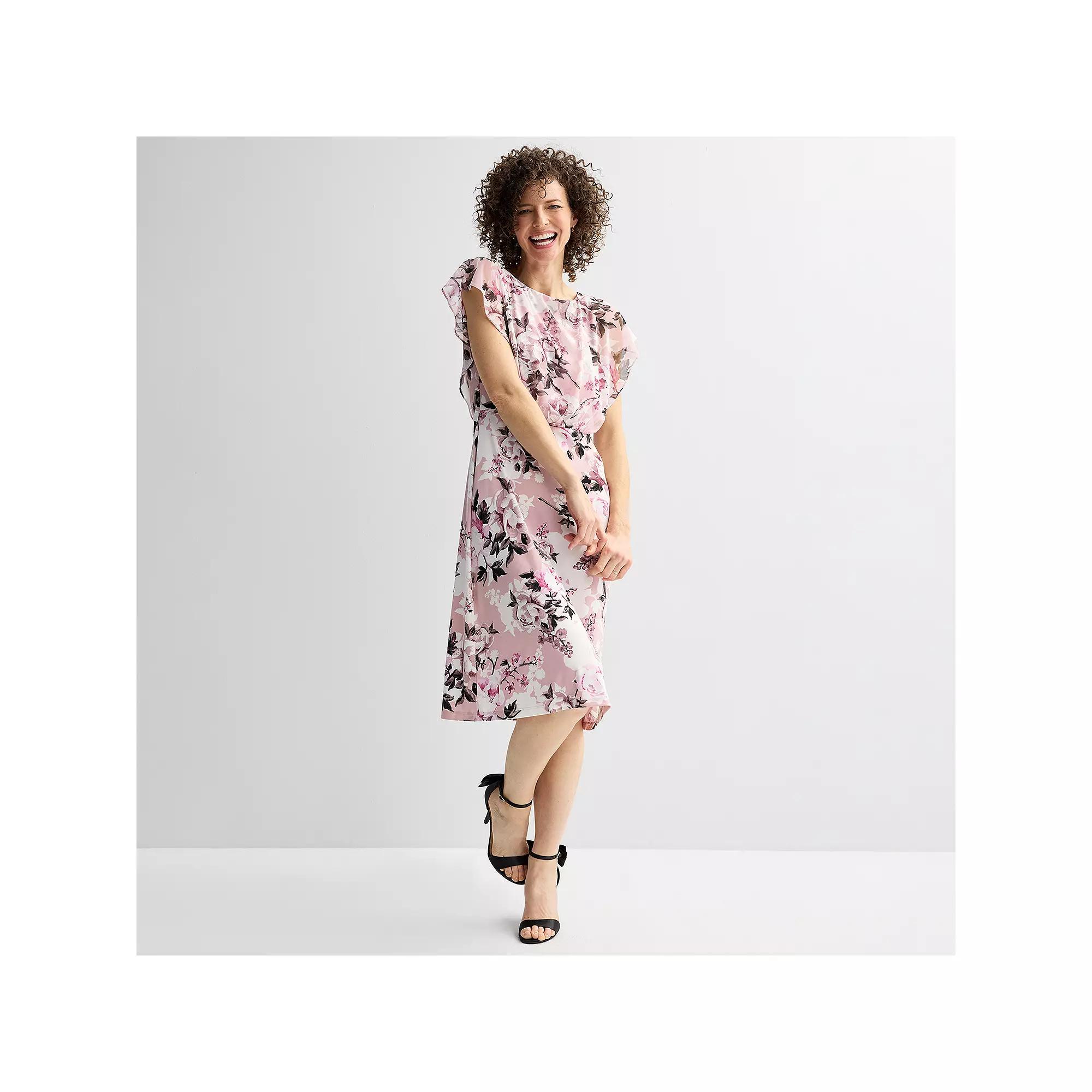 Women's Connected Apparel Printed Sheer Overlay Bib Dress, Size: 6, Dusty Pink Product Image