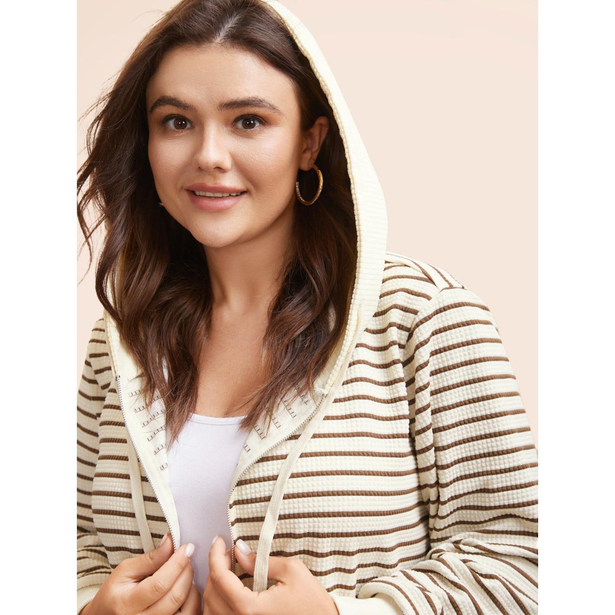 Plus Size Striped Patchwork Texture Hooded Sweatshirt Women Beige Casual Texture Hooded Everyday Sweatshirts BloomChic 28/5X Product Image