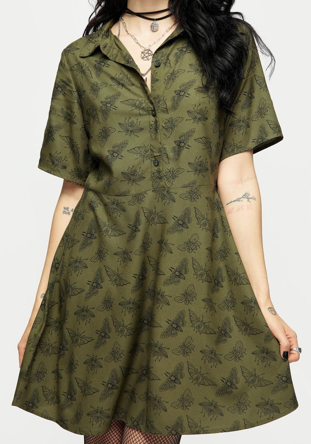 Mortmoth Print Mini Shirt Dress - Green Product Image