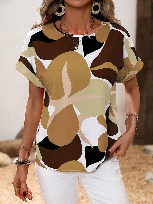 Loose Short Sleeves Contrast Color Hollow Printed Split-Joint Round-neck T-Shirts Tops Product Image