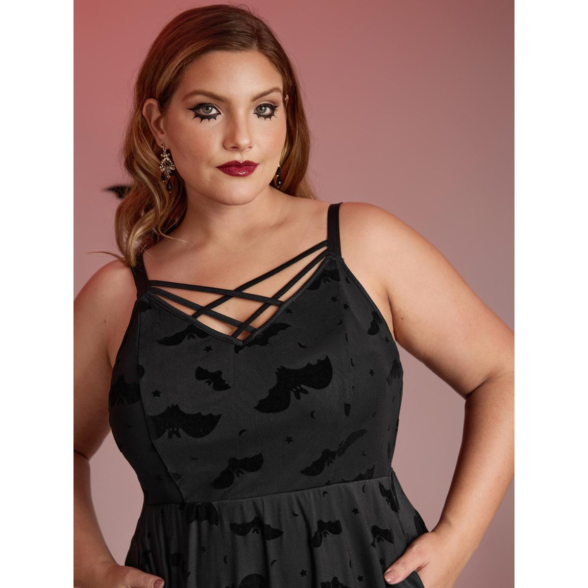 Plus Size Bat Chilling Print Stretchy Waist Midi Dress Black Women Romantic Party Curvy Bloomchic 28/5X Product Image