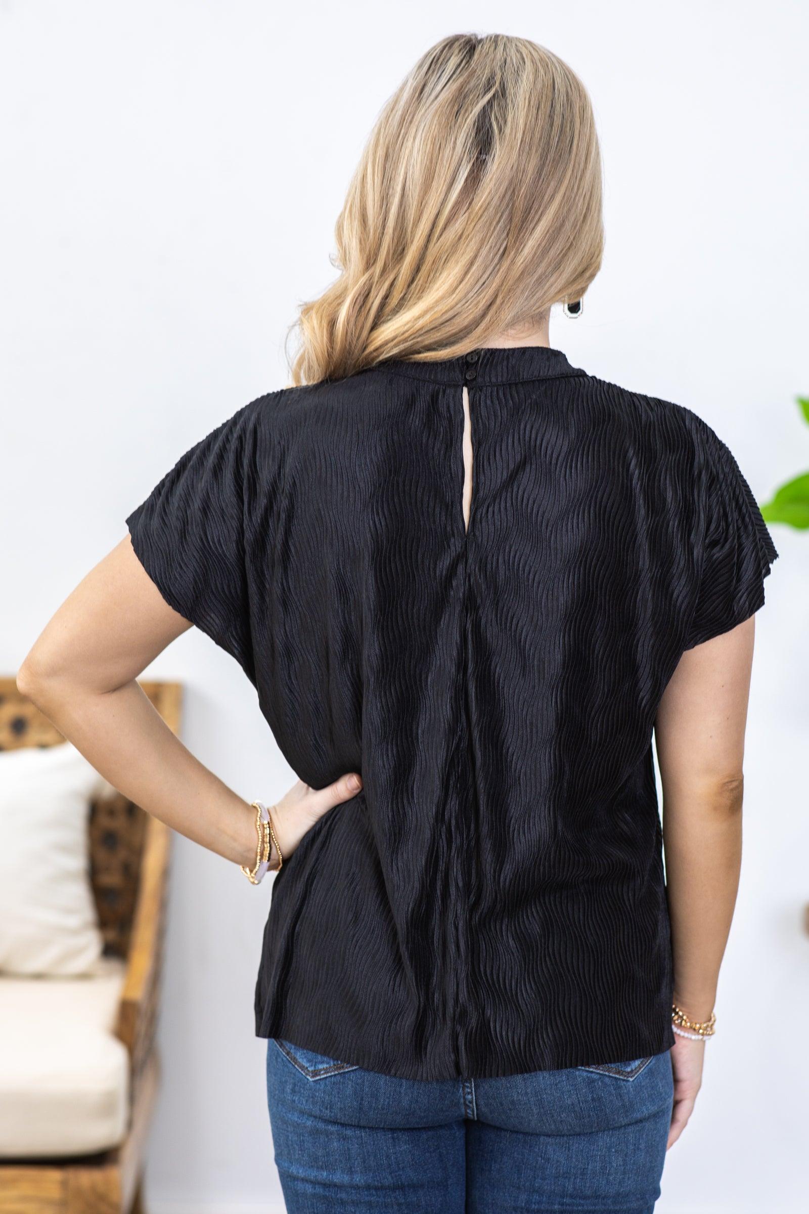 Black Gathered Neck Pleated Woven Top Product Image