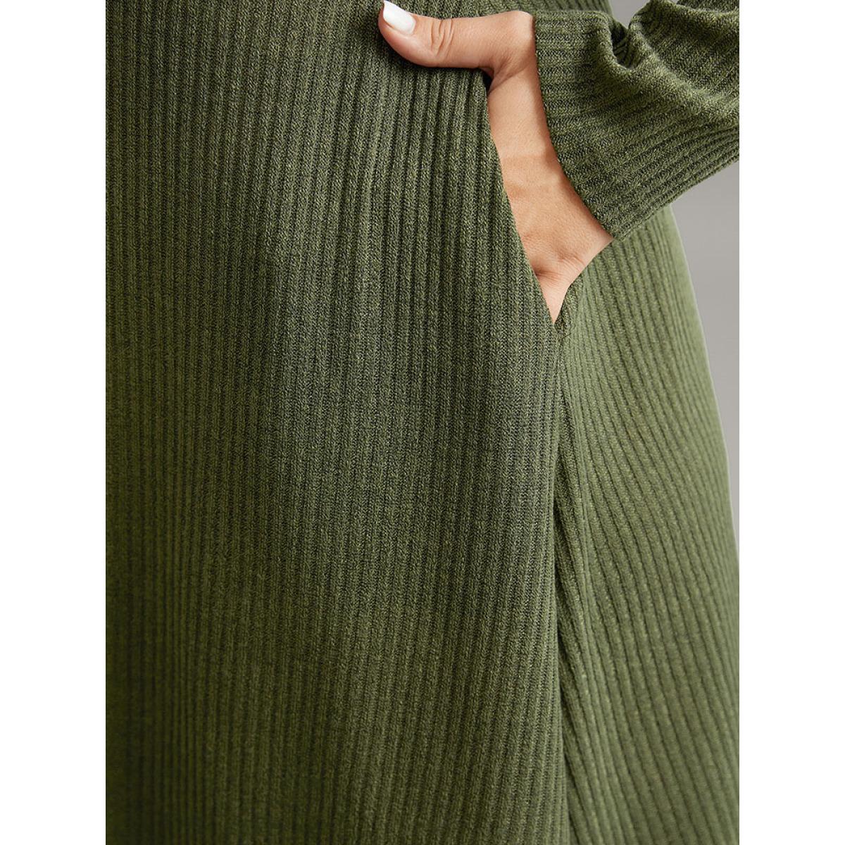 Plus Size Solid Textured V Neck Pocket Dress ArmyGreen Women Basics Texture V-neck Long Sleeve Curvy Midi Dress BloomChic 12/L Product Image