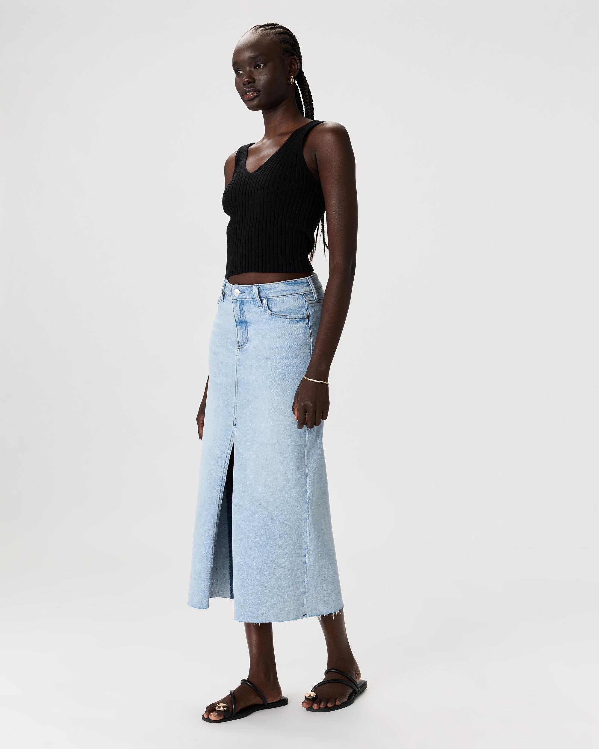 Quince | Women's Stretch Denim 5-Pocket Midi Skirt Organic Cotton Product Image