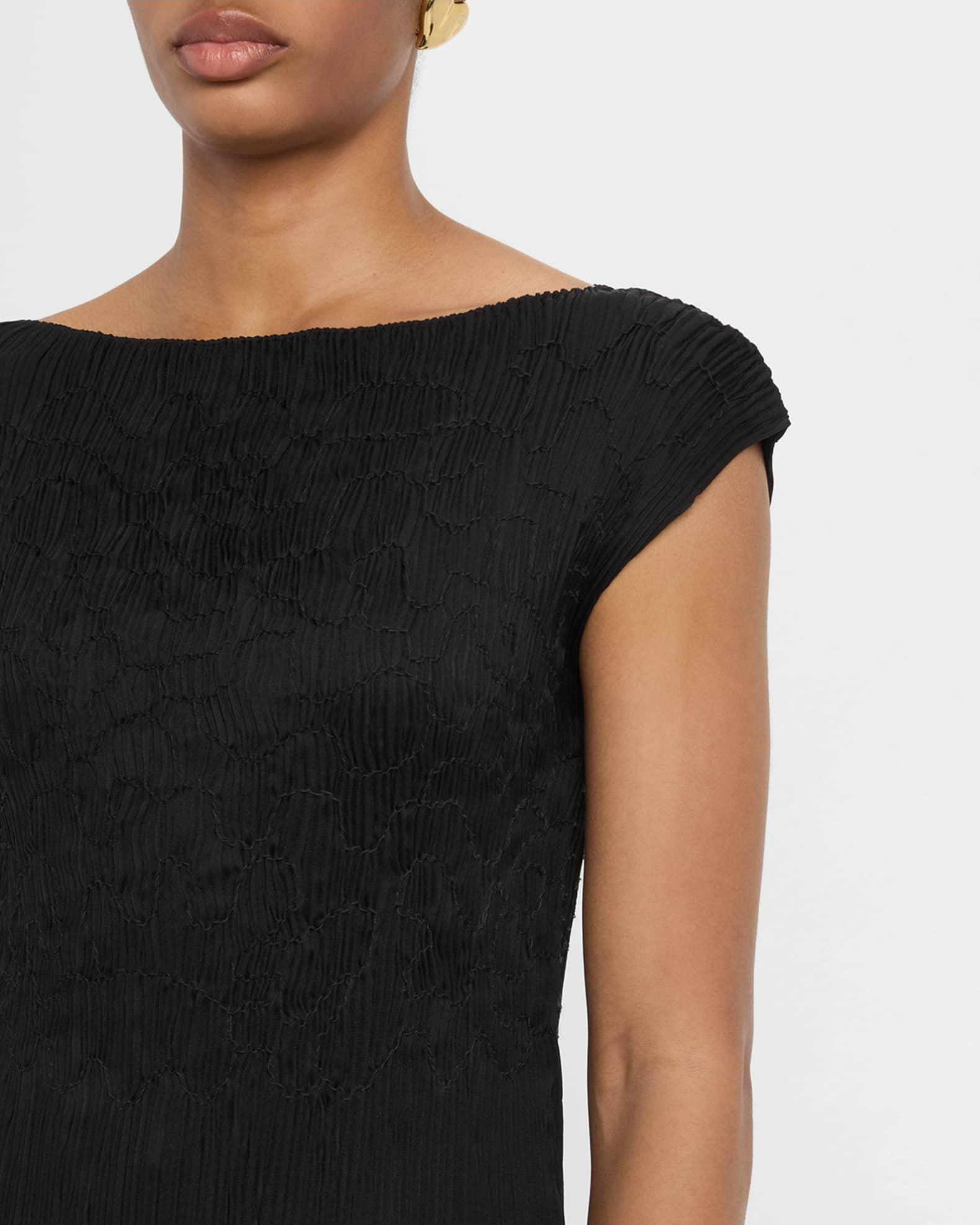 Cap-Sleeve Embroidered Plisse Blouse Product Image