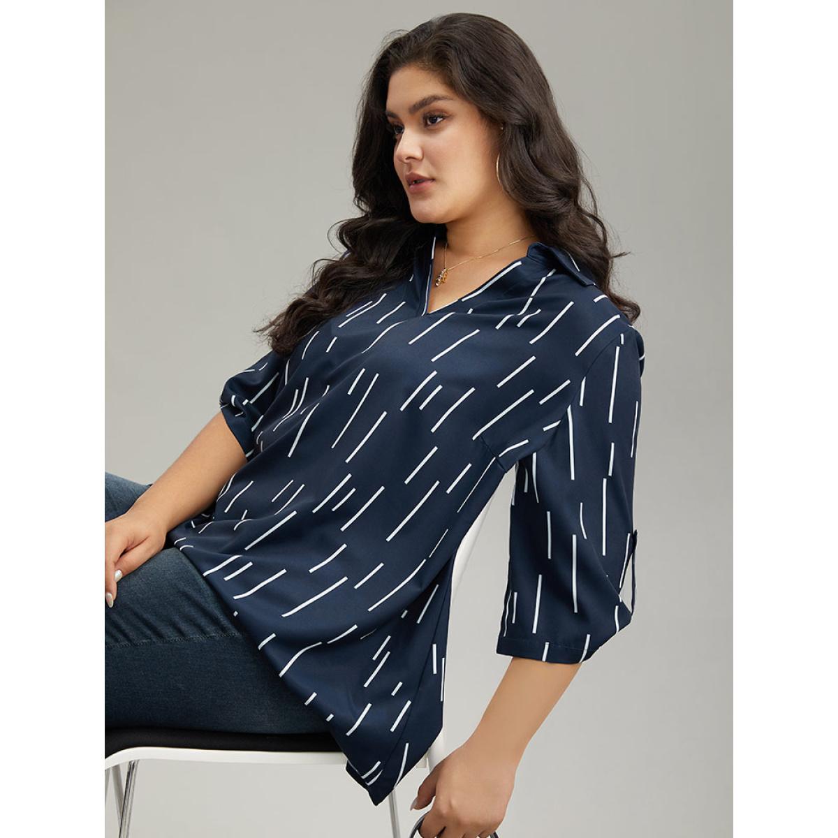 Plus Size Indigo Geometric Shirt Collar Roll Tab Sleeve Blouse Women Office Elbow-length sleeve Shirt collar Office Blouses BloomChic 14-16/1X Product Image