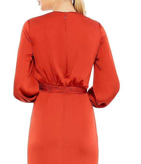 Mac Duggal Satin Surplice V-Neck Long Bishop Sleeve Front Thigh High Slit Gown Product Image