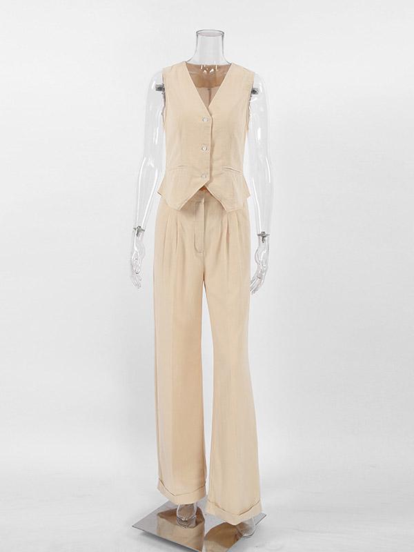 High Waisted Loose Pleated Solid Color Split-Joint V-Neck Two Pieces Set Product Image