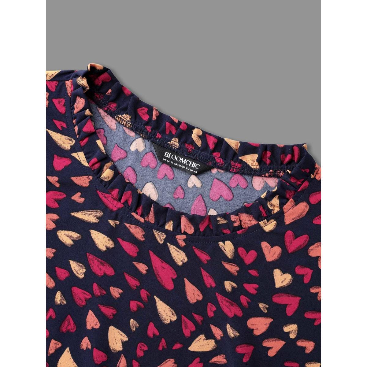 Plus Size Indigo Hearts All Over Ruffled Neckline Blouse Women Elegant Extra Long Sleeve Round Neck Everyday Blouses BloomChic 30/6X Product Image