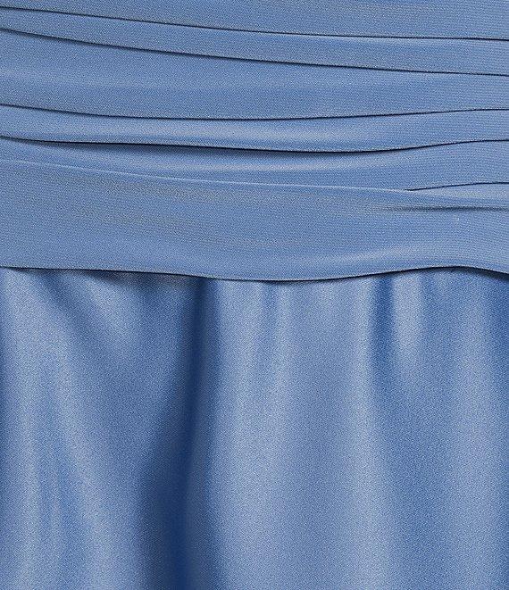 Jessica Howard Plus Size Portrait Collar V-Neck 3/4 Sleeve Rhinestone Cuff Ruched Waist Satin Gown Product Image