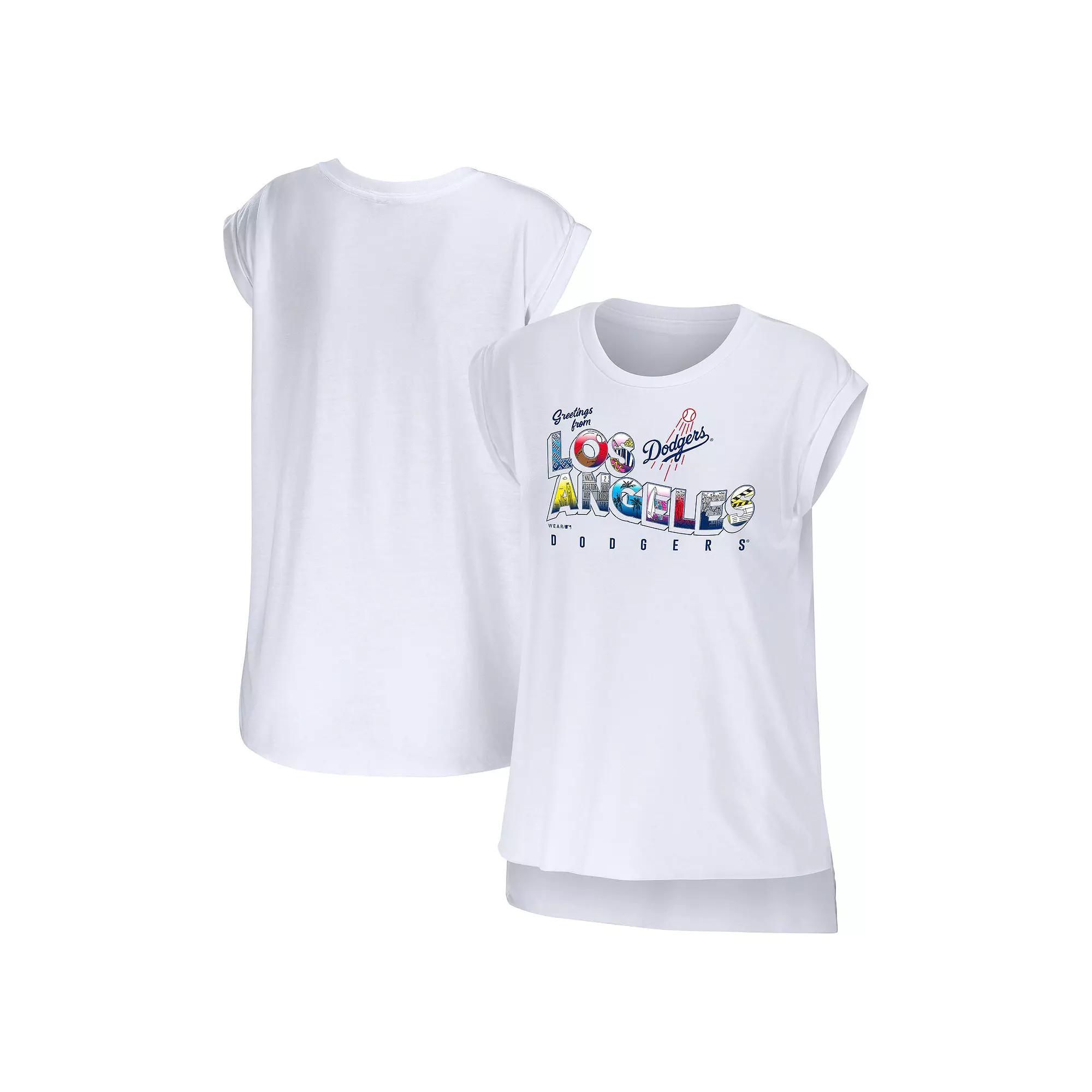 Women's WEAR by Erin Andrews White Los Angeles Dodgers Greetings From T-Shirt, Size: Small Product Image