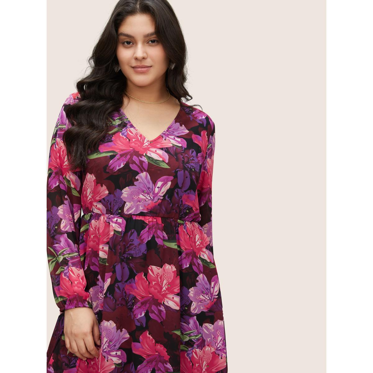 Plus Size Floral Lantern Sleeve Mesh Elastic Waist Dress RedViolet Women Elegant Non V-neck Long Sleeve Curvy Midi Dress BloomChic 10/M Product Image