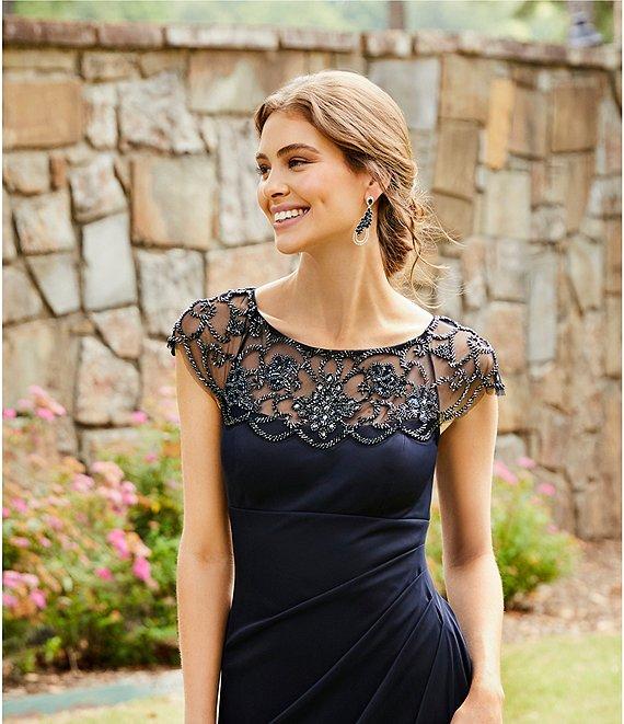 Xscape Beaded Yoke Cap Sleeve Illusion Round Neck Ruched Cascade Ruffle Side Gown Product Image