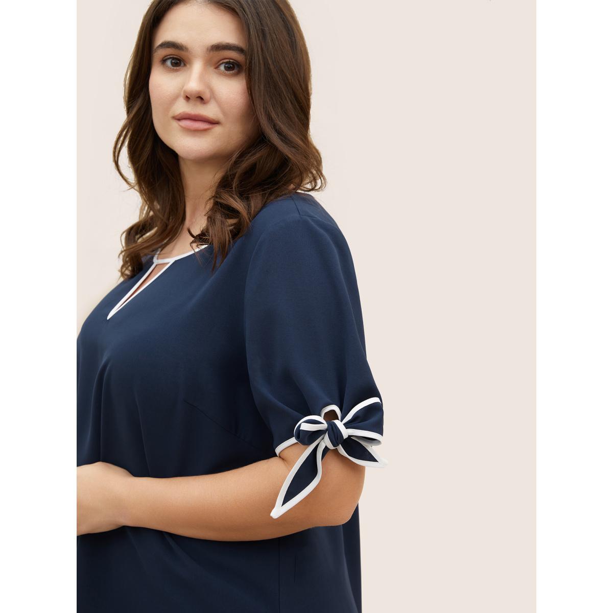 Plus Size Indigo Contrast Trim Keyhole Tie Knot Blouse Women Work From Home Short sleeve Notched collar Work Blouses BloomChic 10/M Product Image