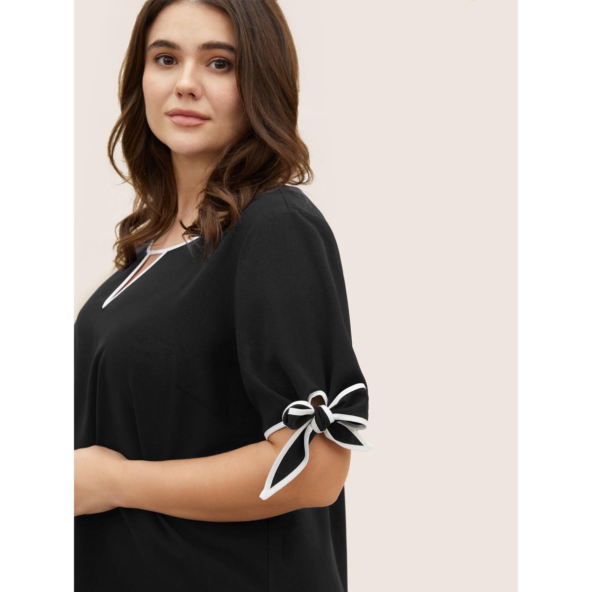 Plus Size Black Contrast Trim Keyhole Tie Knot Blouse Women Work From Home Short sleeve Notched collar Work Blouses BloomChic 30/6X Product Image