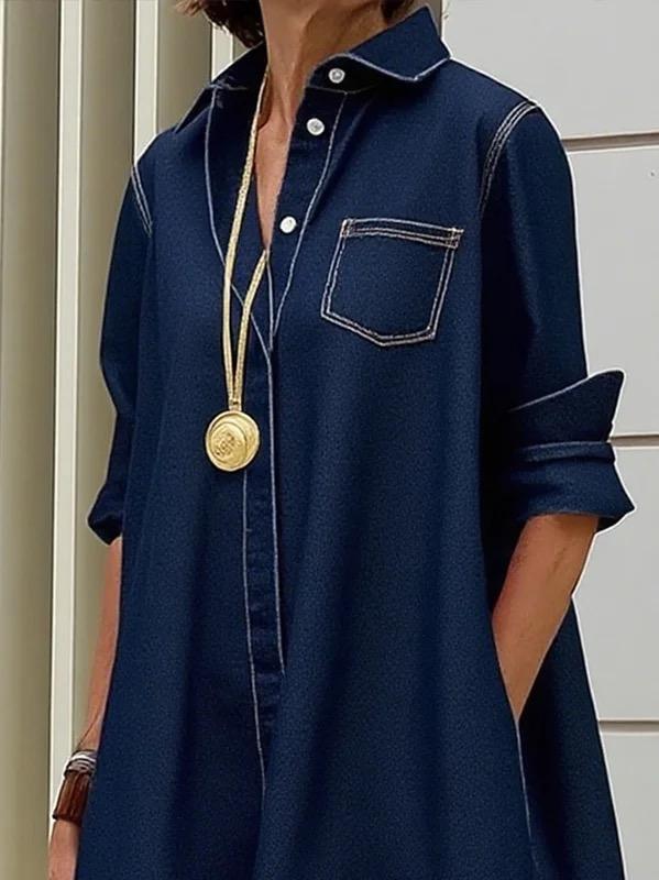 Long Sleeves Loose Buttoned Pockets Solid Color Lapel Midi Dresses Product Image