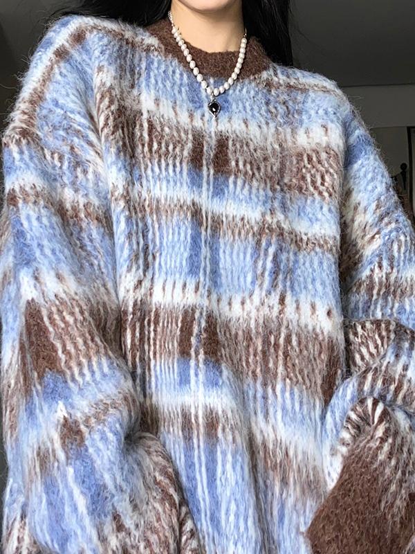 Contrast Color Plaid Crew Neck Sweater Product Image