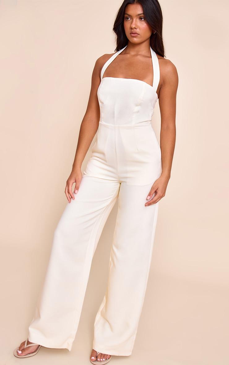 Butter Yellow Premium Woven Halter Neck Wide Leg Jumpsuit Product Image