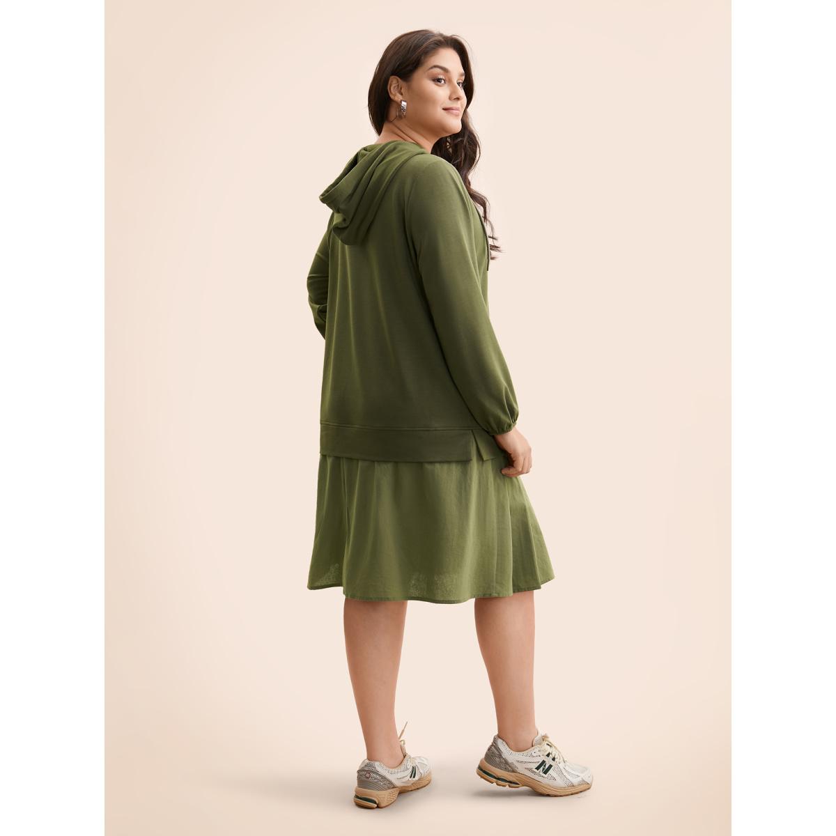 Plus Size Patchwork Pleated Hooded Drawstring Dress ArmyGreen Women Casual Pleated Hooded Long Sleeve Curvy BloomChic 10/M Product Image