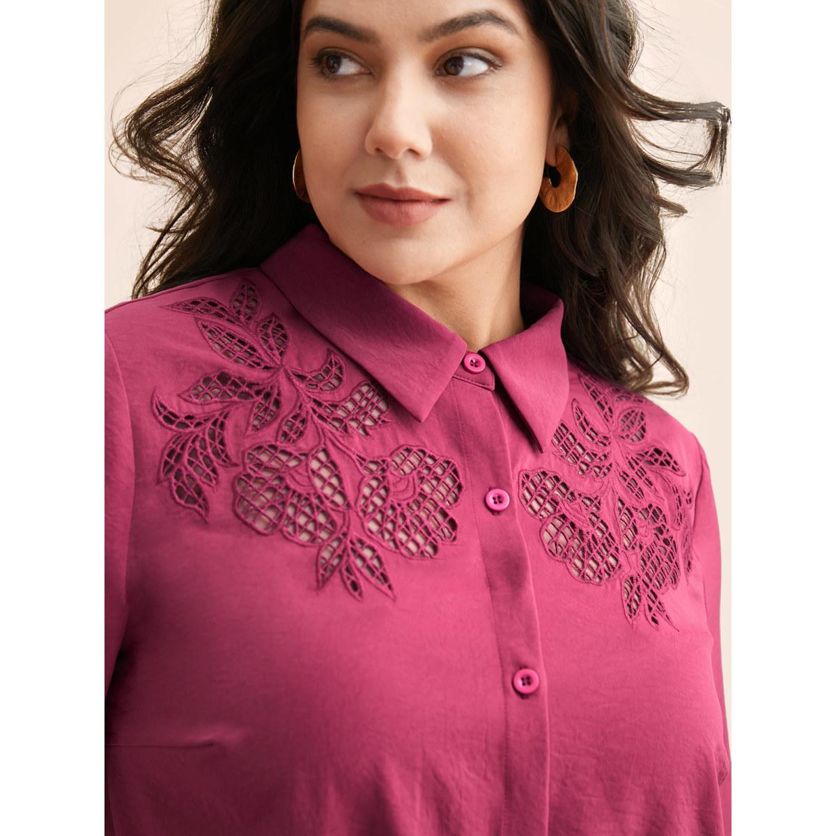 Plus Size RedViolet Shirt Collar Broderie Anglaise Tie Knot Blouse Women Elegant Long Sleeve Shirt collar Everyday Blouses BloomChic 14-16/1X Product Image