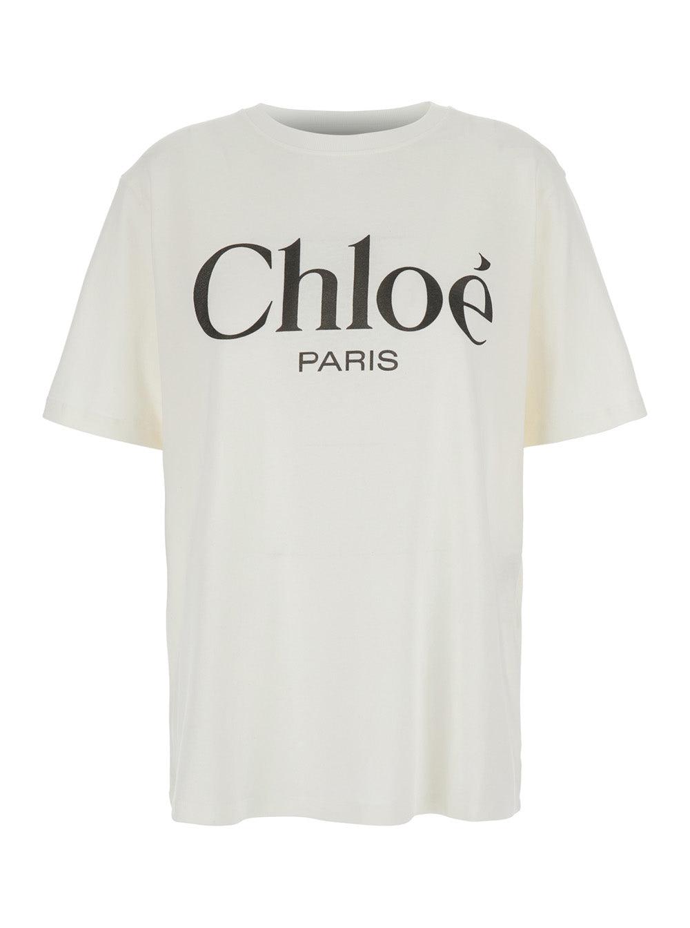 CHLOÉ White Crewneck T-shirt With Logo Print On The Front In Cotton Woman Product Image