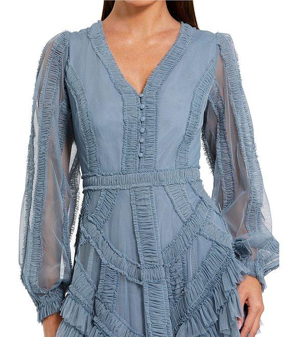Mac Duggal Long Balloon Illusion Sleeve V-Neck Ruffle Tier Midi Dress Product Image