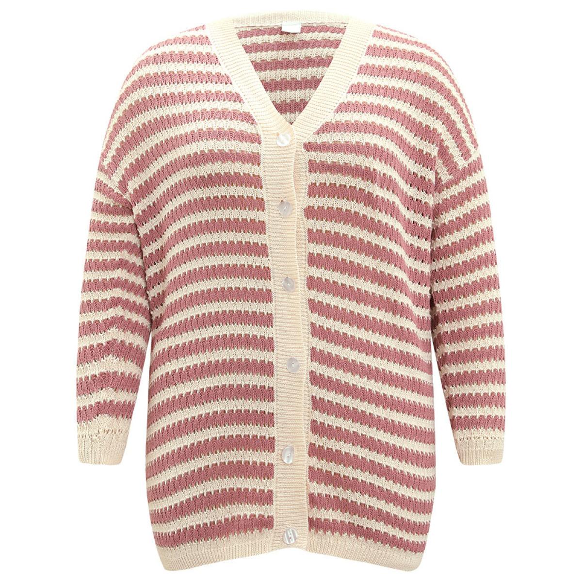 Plus Size Striped Button Through Cut Out Cardigan DustyPink Women Casual Loose Long Sleeve Dailywear Cardigans BloomChic 14-16/1X Product Image