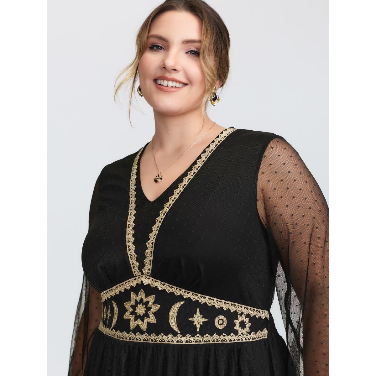 Plus Size Gold Embroidery Lace Trim Sheer Maxi Dress Black Women Timeless V-neck Long Sleeve Curvy BloomChic 22-24/3X Product Image