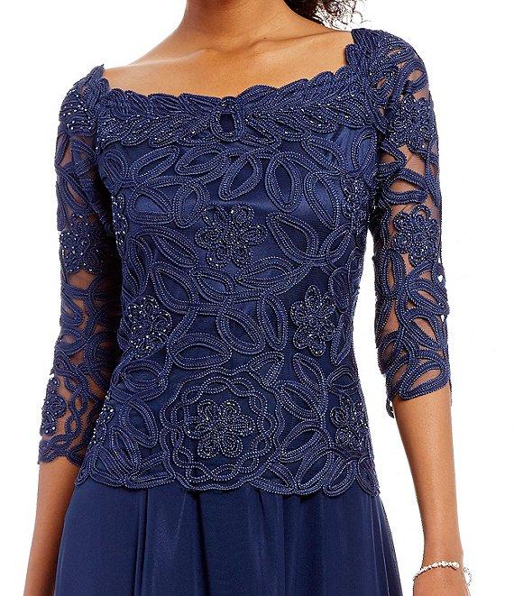 Soulmates Embroidered Floral Lace Bodice 3/4 Sleeve Square Neck Gown Product Image