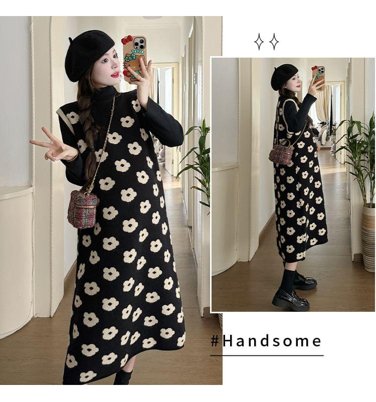 Maternity Long-Sleeve Turtleneck Plain Knit Top / Crew Neck Floral Print Contrast Trim Midi Jumper Dress Product Image