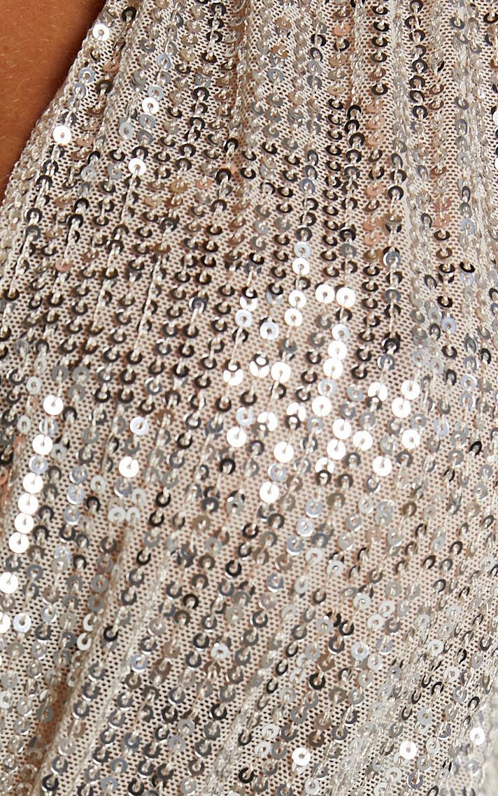 Alora Bodysuit - Sequin Wrap Front Long Sleeve Bodysuit in Silver Product Image