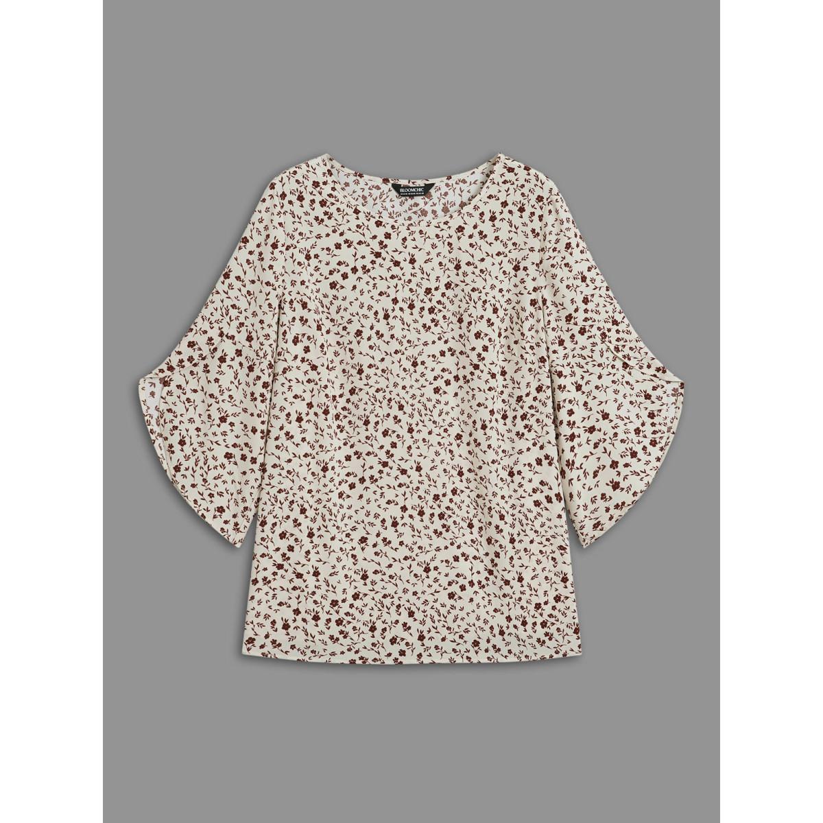 Plus Size Beige Crew Neck Ditsy Floral Bell Sleeve Blouse Women Elegant Elbow-length sleeve Round Neck Everyday Blouses BloomChic 12/L Product Image