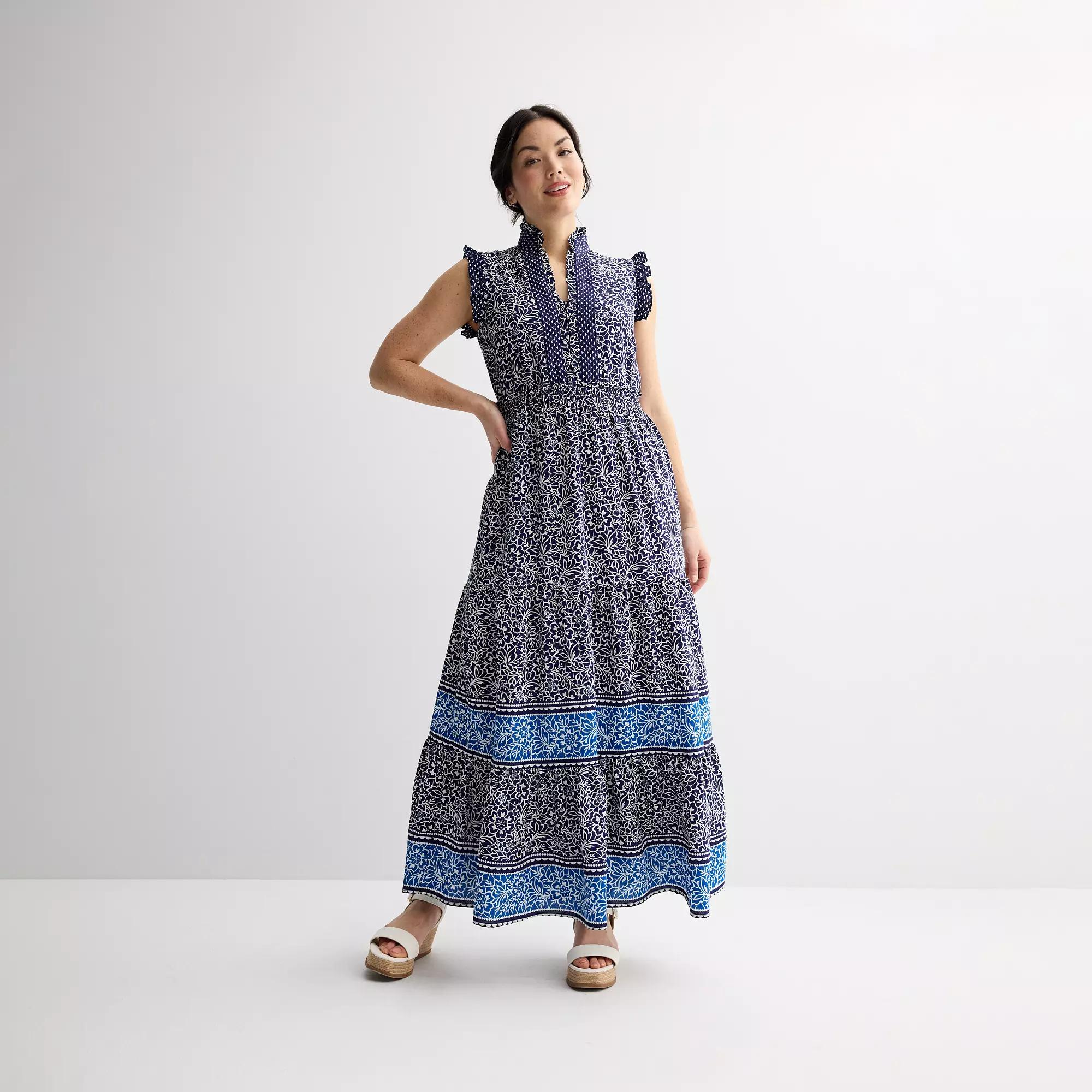 Women's London Times Smocked Waist Tiered Maxi Dress, Size: 6, Blue Floral Product Image