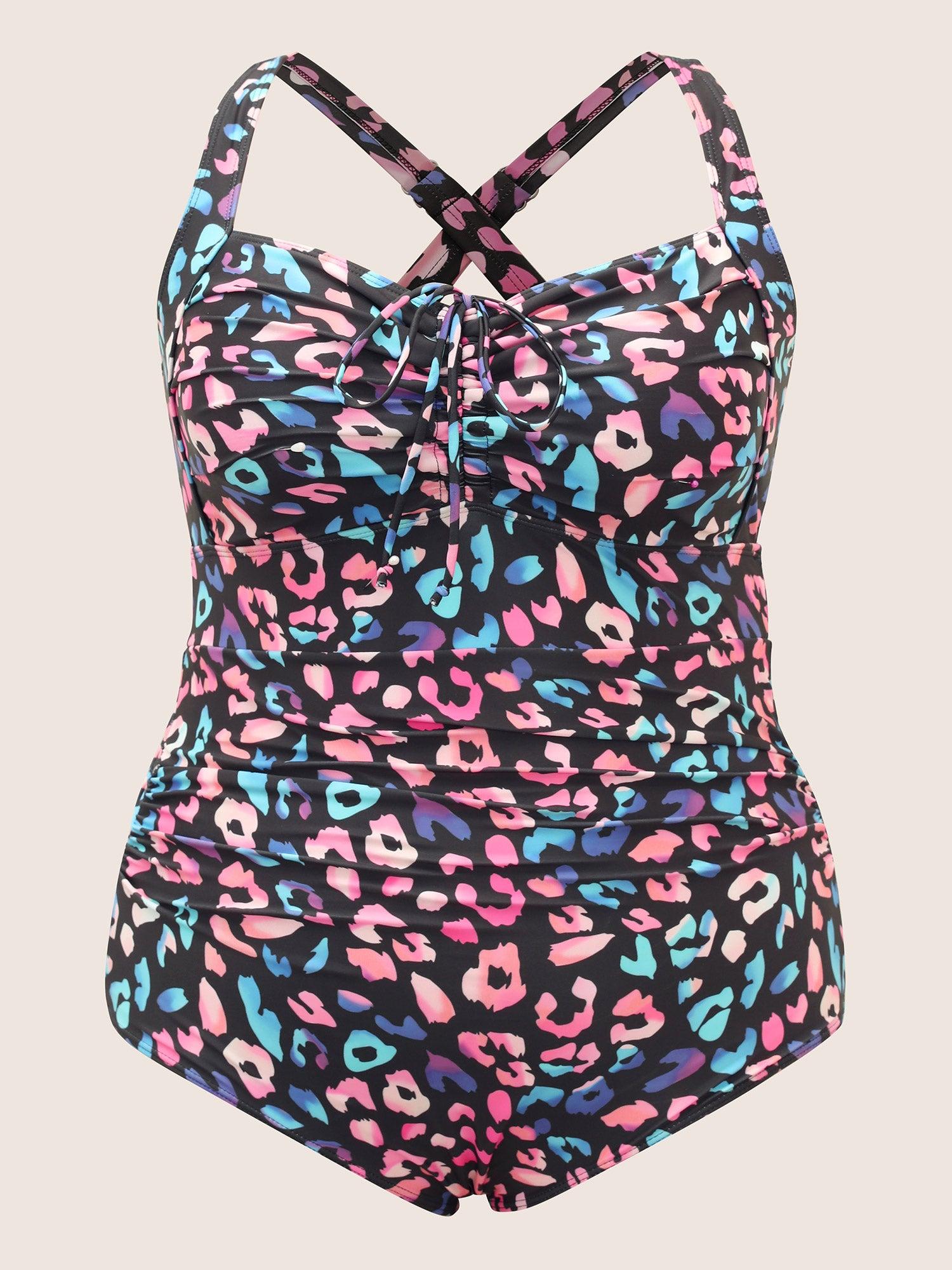 Leopard Print Gathered Knotted One Piece Swimsuit Female Product Image