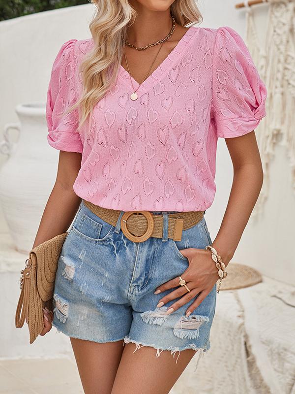 Loose Short Sleeves Heart Print Knot Pleated Solid Color Split-Joint V-Neck T-Shirts Tops Product Image