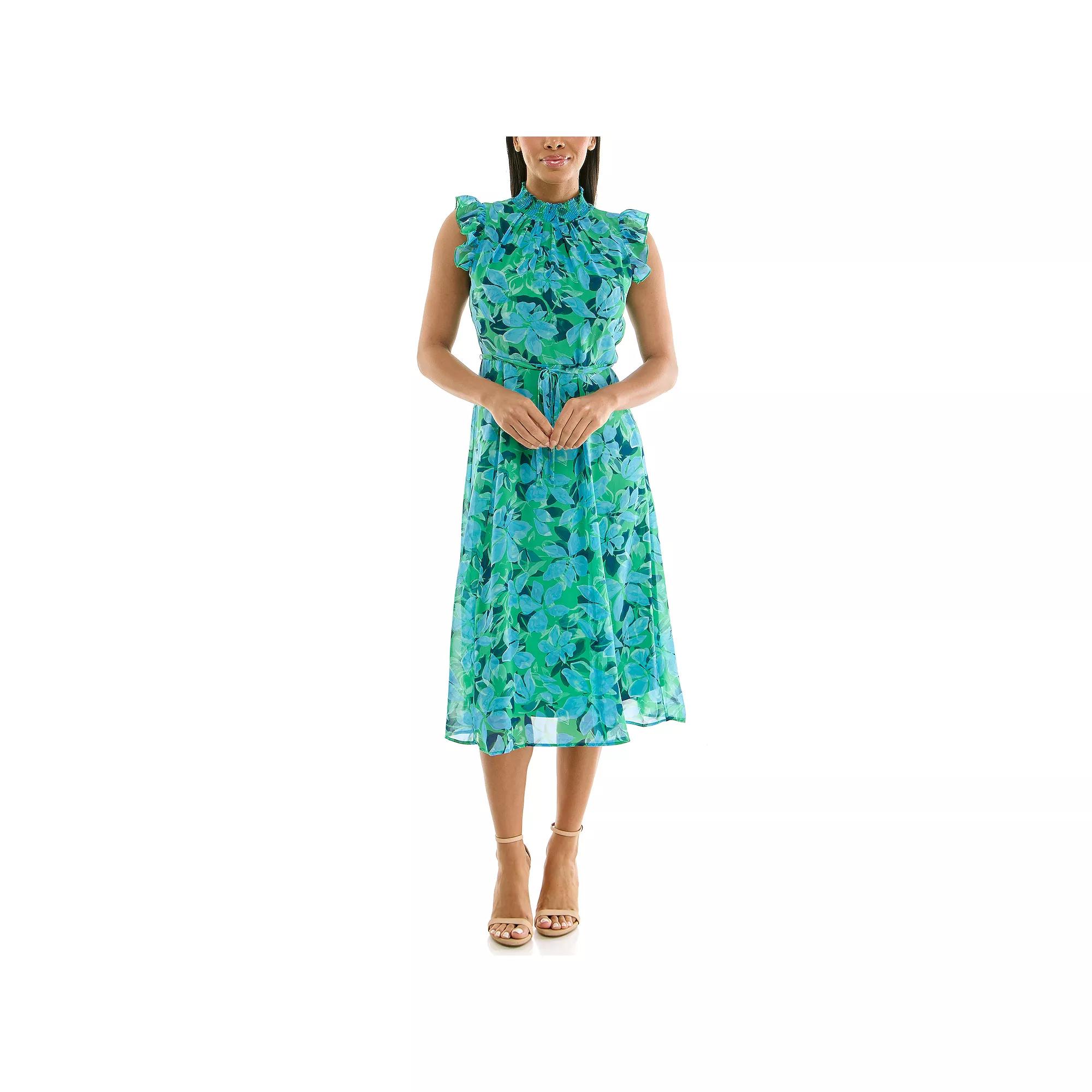 Womens Nina Leonard Smocked Flutter Sleeve Print Dress Product Image