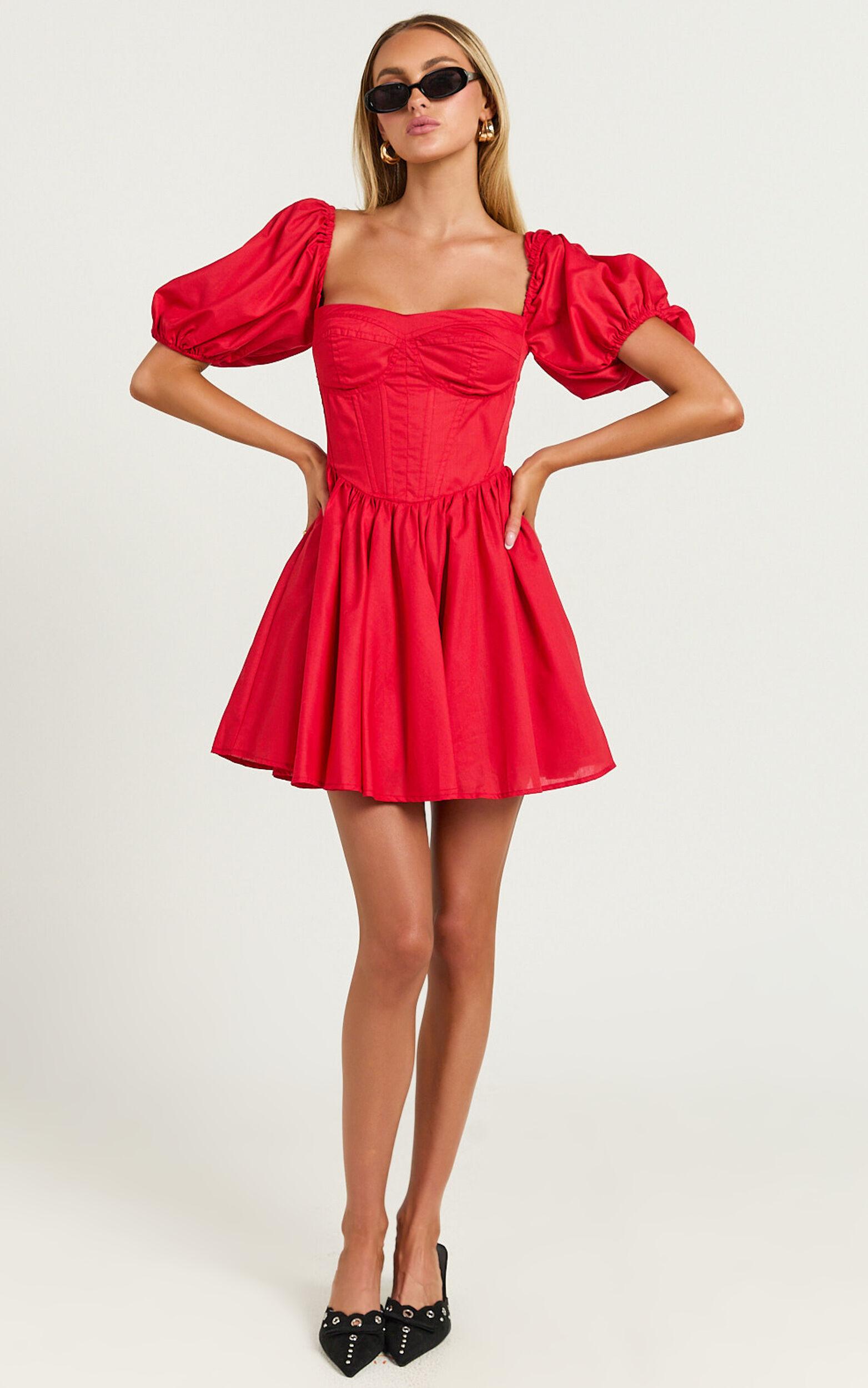 Souza Mini Dress - Fit and Flare Puff Sleeve Corset Dress in Red Product Image