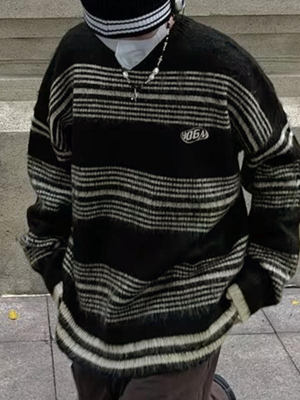 Men' Fuzzy Stripe Print Loose Sweater Product Image
