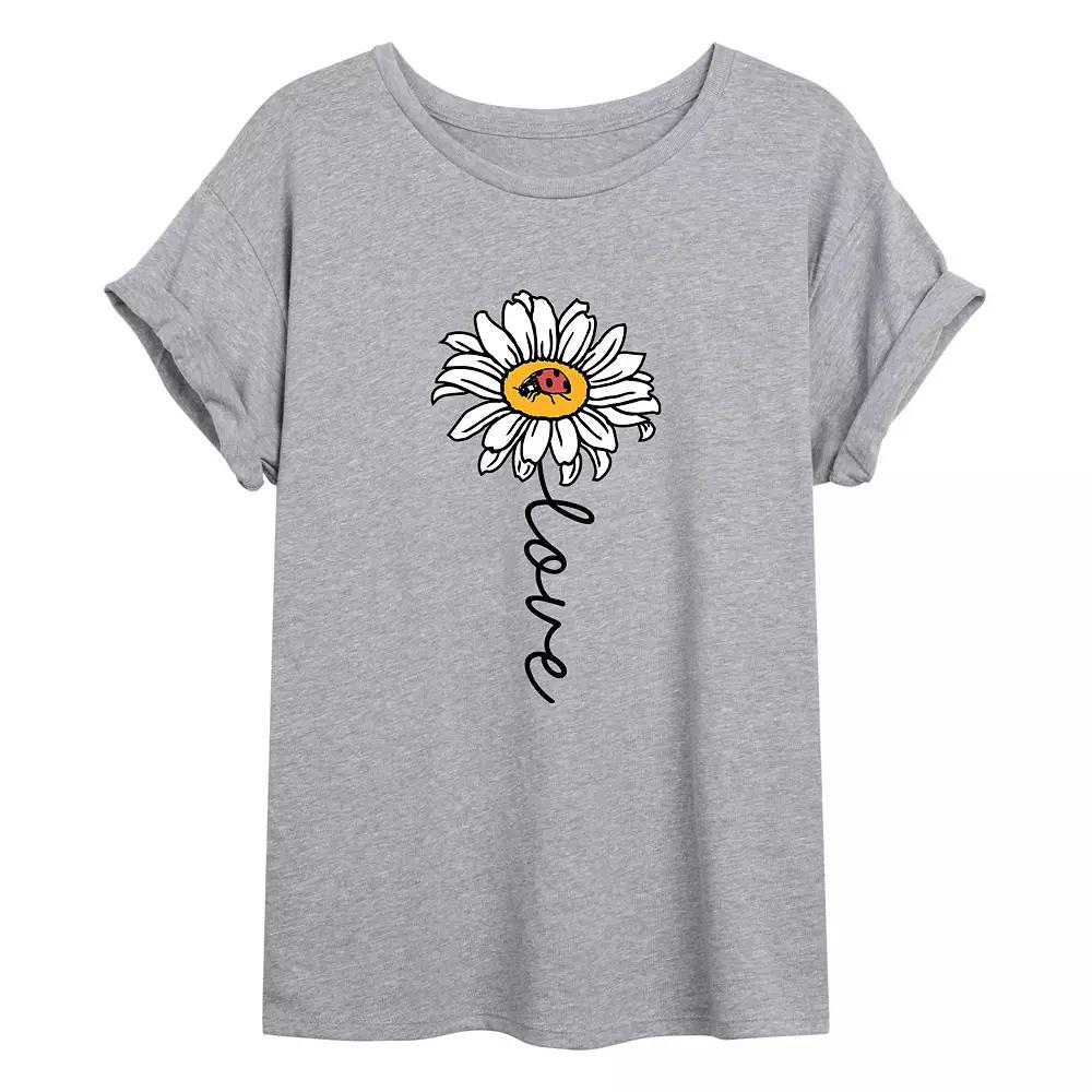 Juniors' Daisy "Love" Oversized Tee, Girl's, Size: Small, Grey Grey Product Image